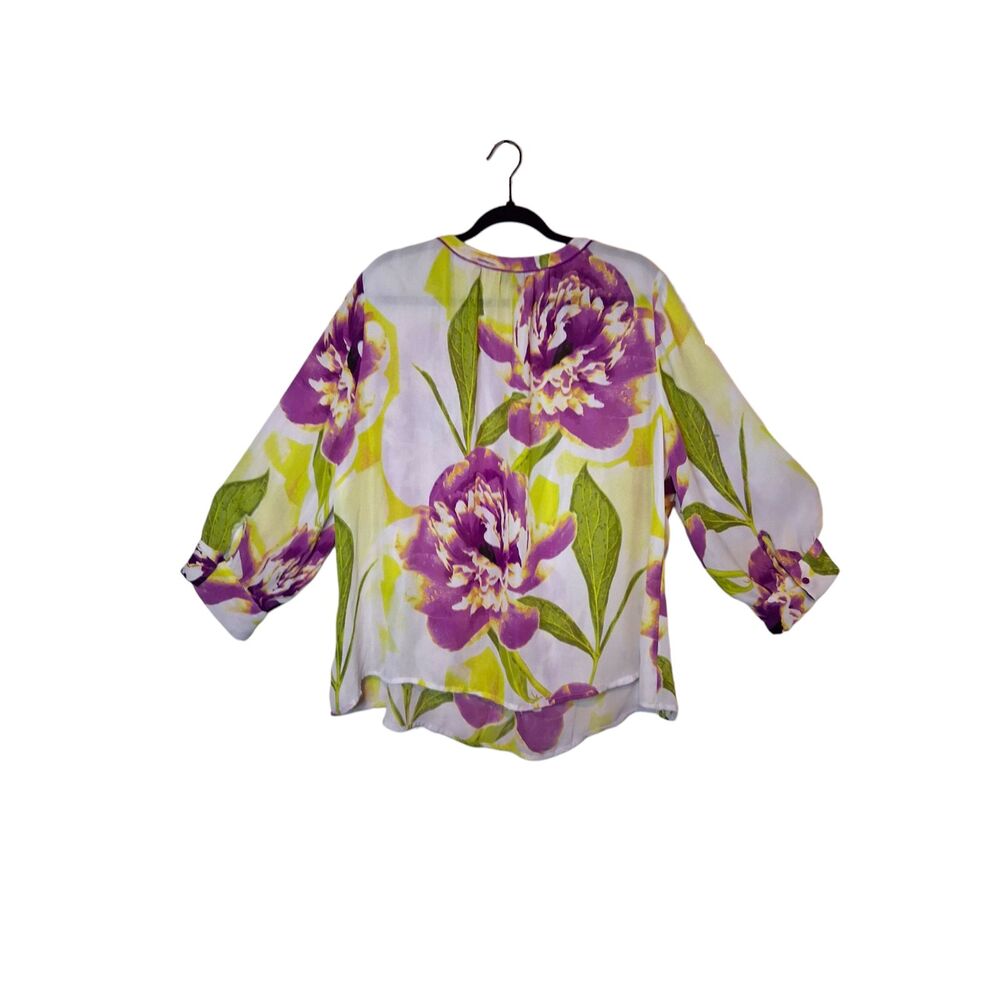 Worthington Plus Size 3X Floral V-Neck Blouse Purple Lime Green White 3/4 Sleeve - Picture 2 of 4